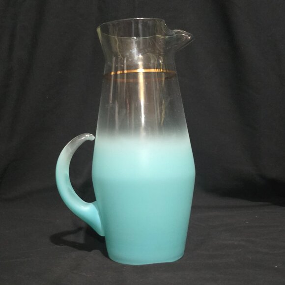 Vtg Blendo West Virginia Glass Specialty Pitcher Turquoise w 6x Flat Tumblers - Picture 4 of 8